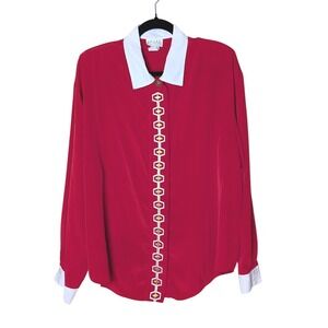 Vintage 80s Red Statement Blouse Sz M Bold Contrast Collar Preppy‎ Holiday Party
